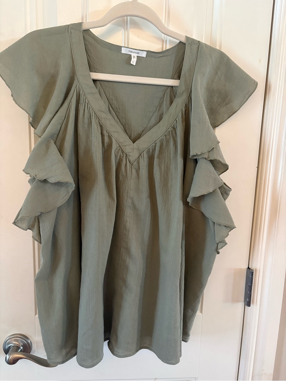 Maurices Sage Green Ruffle Sleeve V-Neck Blouse